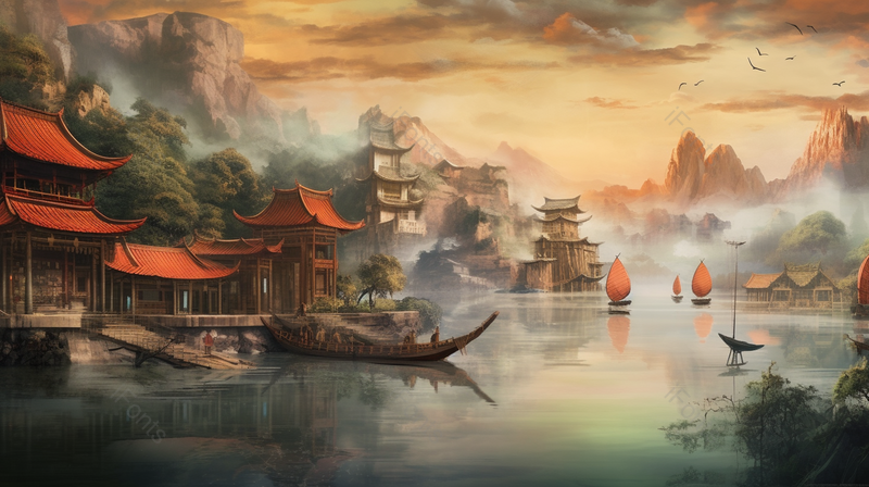 古风朦胧山水江南船舶自然美景,插画/手绘图,插画/手绘图库,插画/手绘图下载,插画/手绘